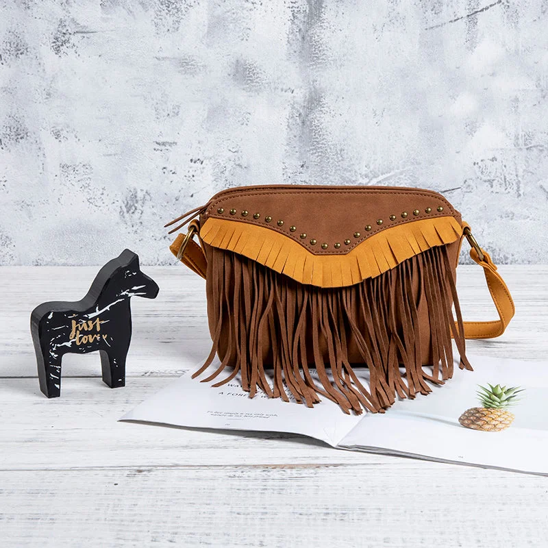 Womens Vegan Leather Fringe Crossbody Bag Western Purse With Fringe Boho Purses for Women