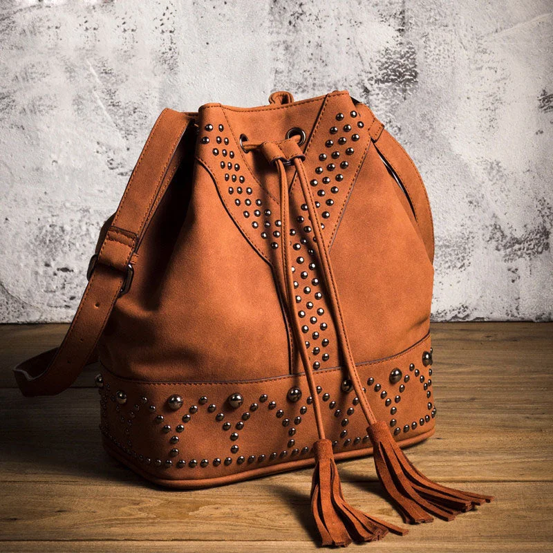 Boho Womens Vegan Leather Crossbody Bucket Bag With Fringe and Rivets for Women