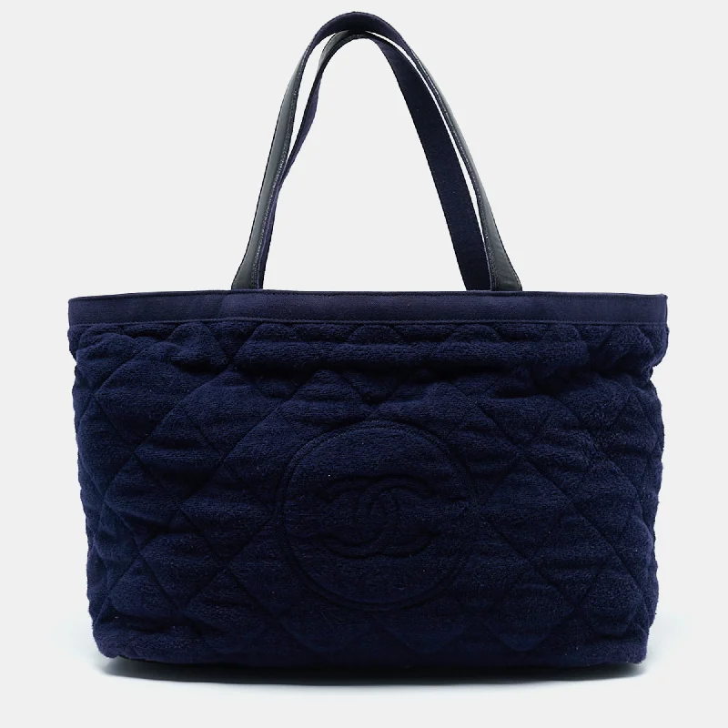 Chanel Navy Blue Quilted Terry Cloth Cc Beach Tote