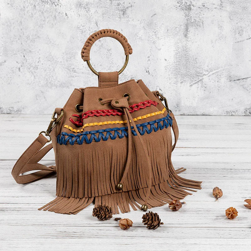 Womens Vegan Leather Fringe Crossbody  Bucket Bags Boho Purses for Women