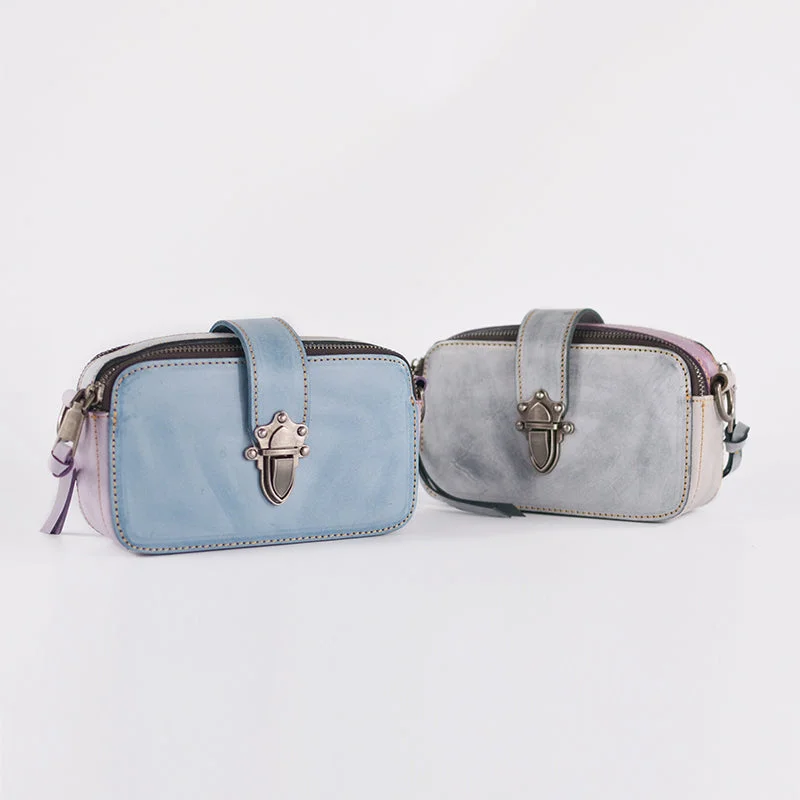 Handmade Womens Small Blue Leather Crossbody Bag Side Bags for Women