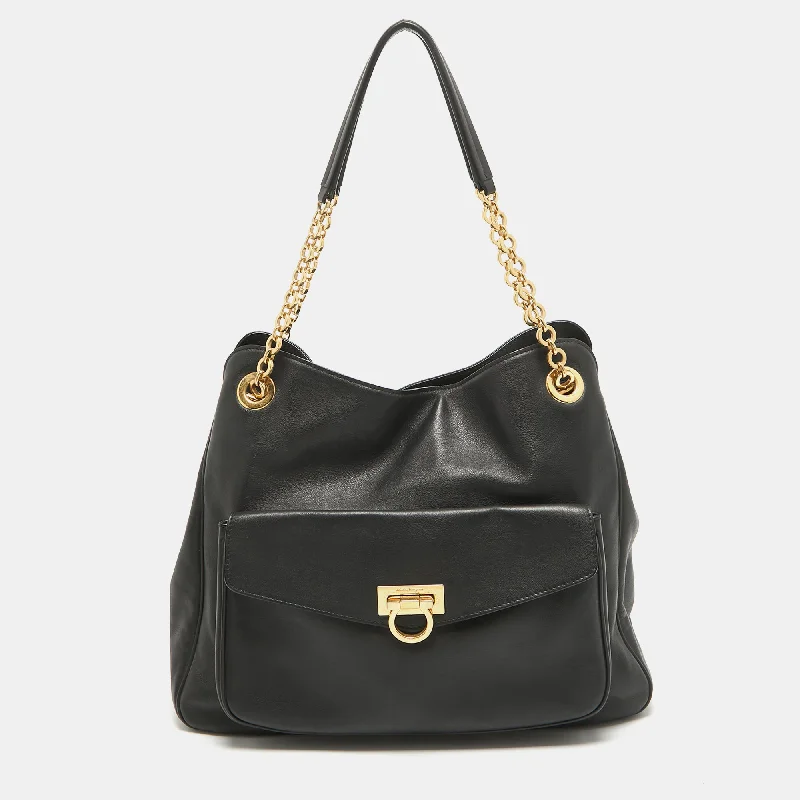 Salvatore Ferragamo Black Leather Sheba Chain Tote