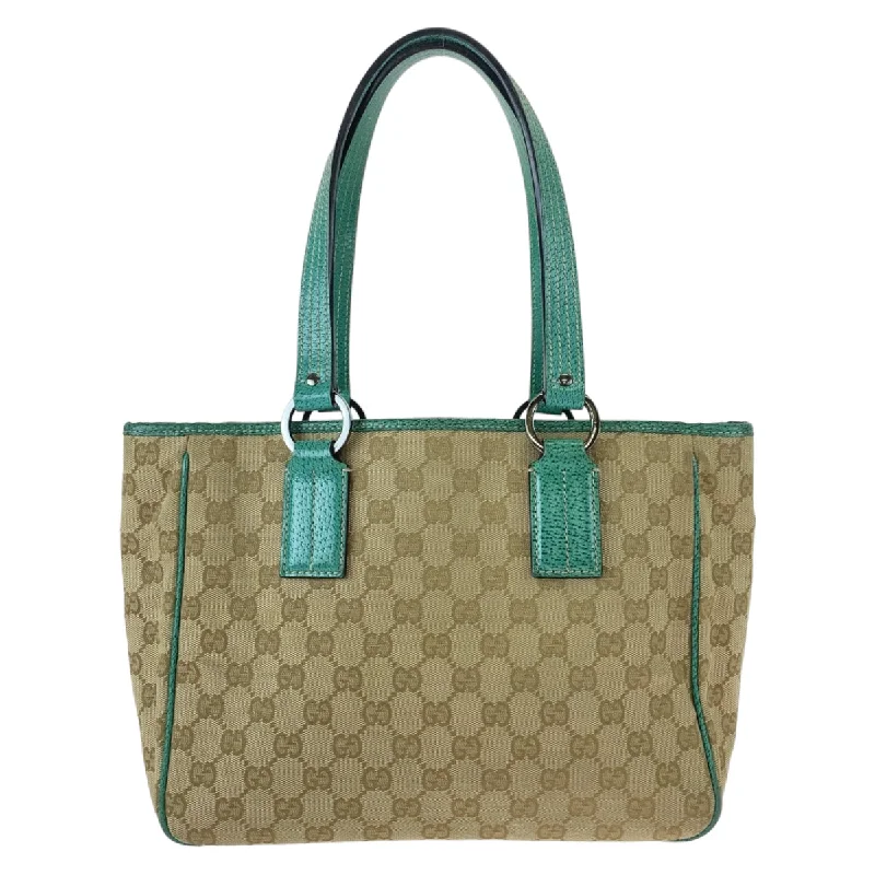 Gucci Beige Green GG Canvas Leather Tote Bag