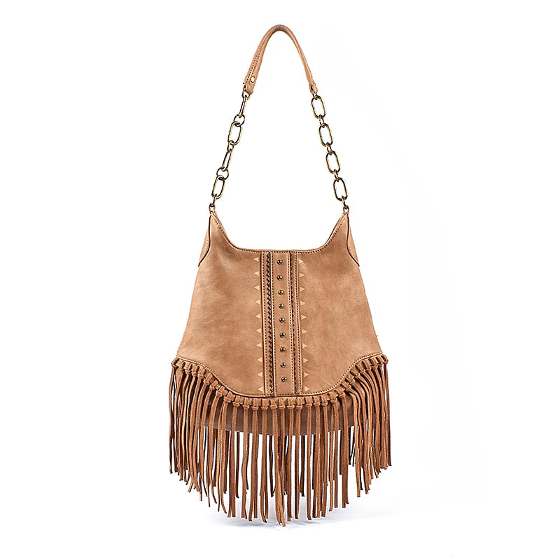 Boho Ladies Western Vegan Leather Purses With Suede Leather Fringe Shoulder Handbags for Women