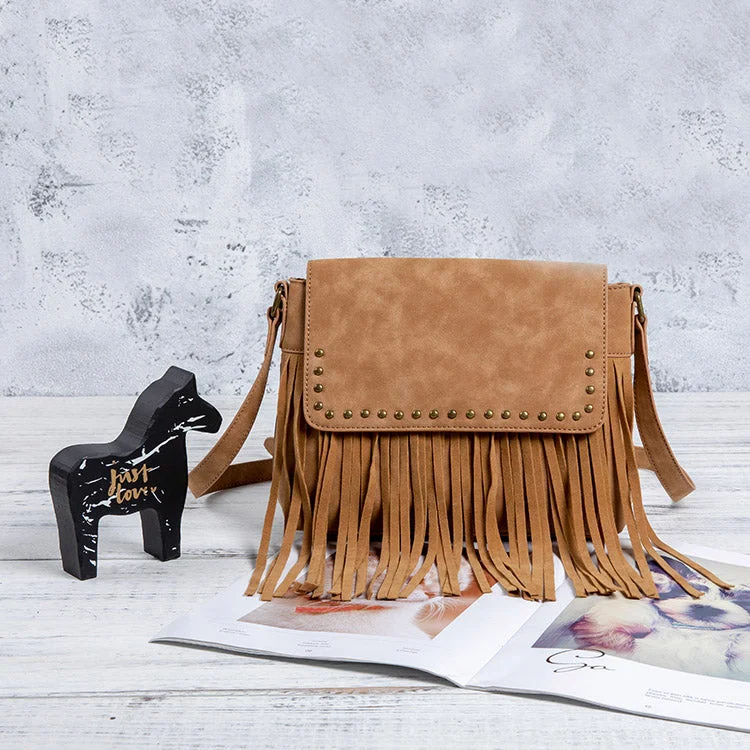 Ladies Vegan Leather Fringe Crossbody Bag Boho Shoulder Purses For Women