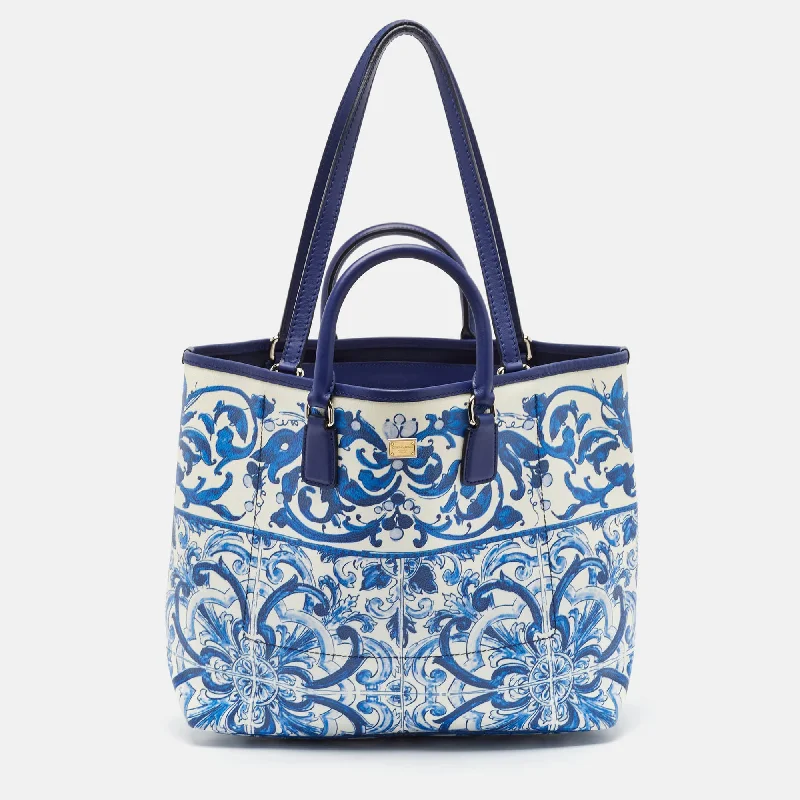 Dolce & Gabbana Blue/white Majolica Print Leather Miss Escape Tote