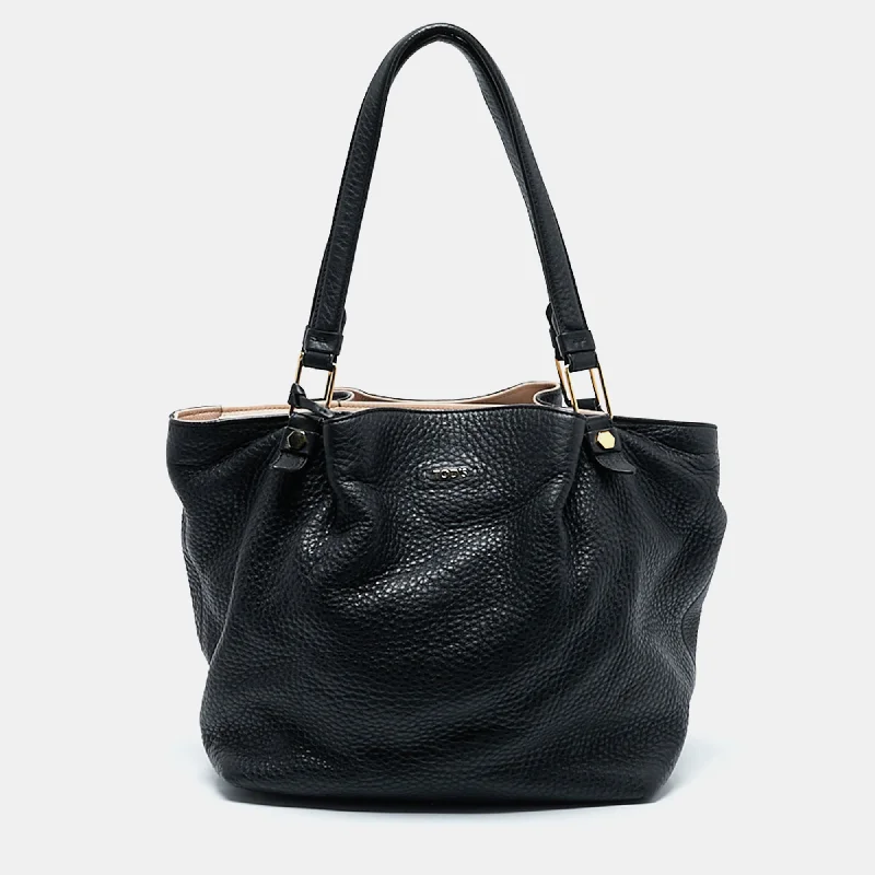 Tod's Black Pebbled Leather Flower Tote