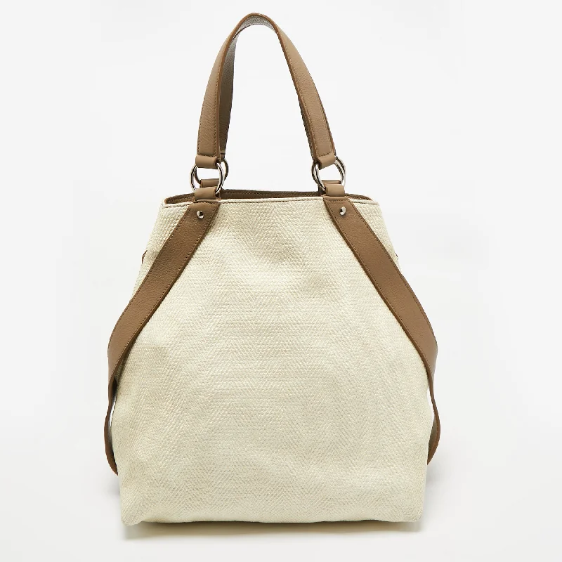 Yves Saint Laurent Cream/taupe Grey Leather And Raffia Snap Tote