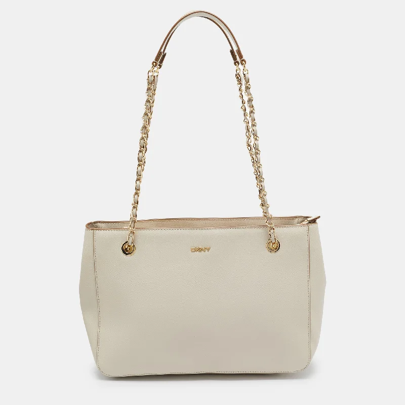 Dkny Ivory Leather Top Zip Chain Tote