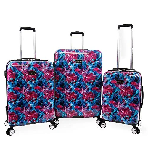 BEBE Women's Tina 3pc Spinner Suitcase Set, Blue Pink Lily