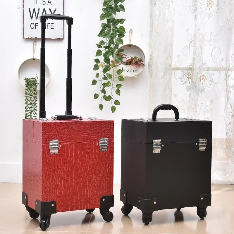 New Cute Trolley Cosmetic Case Rolling Luggage Bag On Wheels,Womens Nails Makeup Toolbox,Beauty