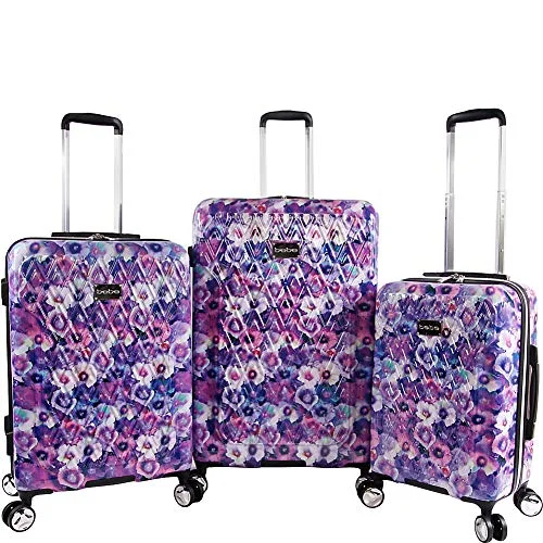 BEBE Women's Gia 3pc Suitcase Set with Spinner Wheels, Purple Pansies