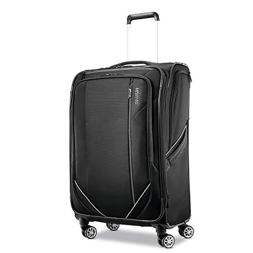 American Tourister Zoom Turbo Softside Expandable Spinner Wheel Luggage, Black, Checked-Medium 25-Inch