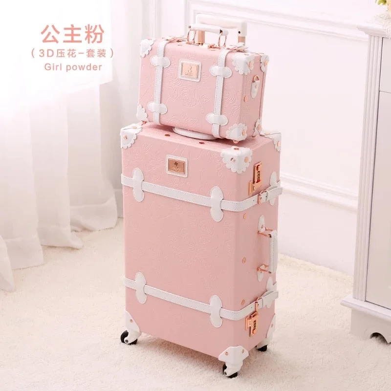 Graspdream Vintage Floral Pu Travel Bag Luggage Sets,13"20"22"24"26" Inch Women Retro Trolley