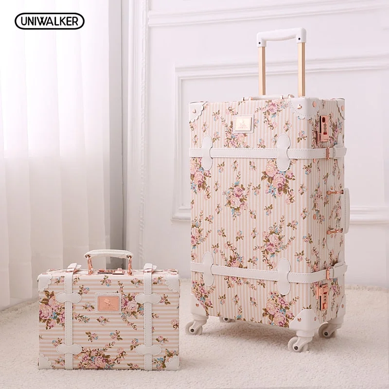 Uniwalker 2Pcs/Set Vintage Floral Pu Travel Luggage,13" 20" 22" 24" 26" Women Retro Trolley Luggage