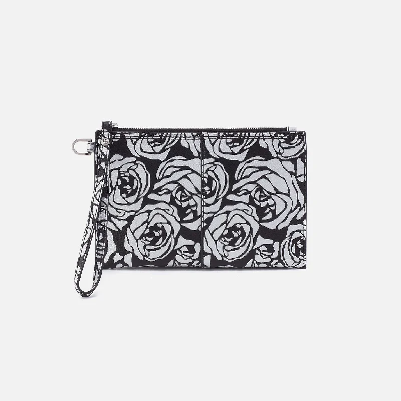 Vida Small Pouch In Micro Pebbled Leather - Silver Rose Print