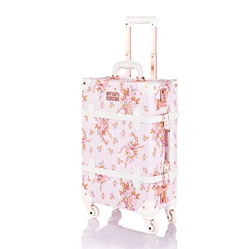 COTRUNKAGE Vintage Travel Luggage Trunk Women Suitcase (Pink Floral, 22")