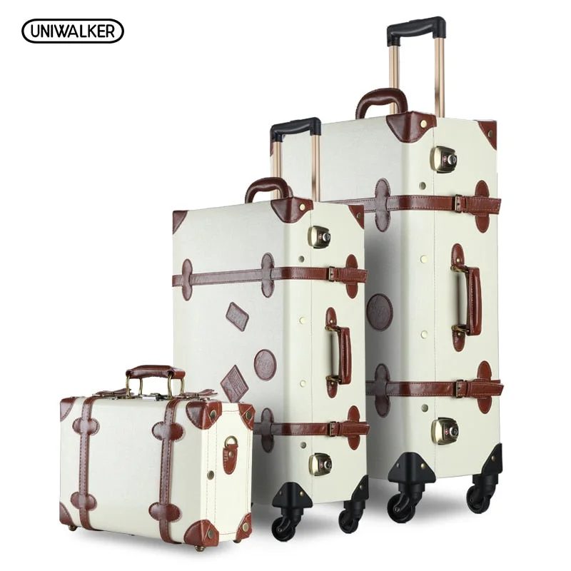 Uniwalker 3Pcs/Set Vintage Pu Travel Luggage Durable Suitcase,12" 20"26" Retro Trolley Suitcase