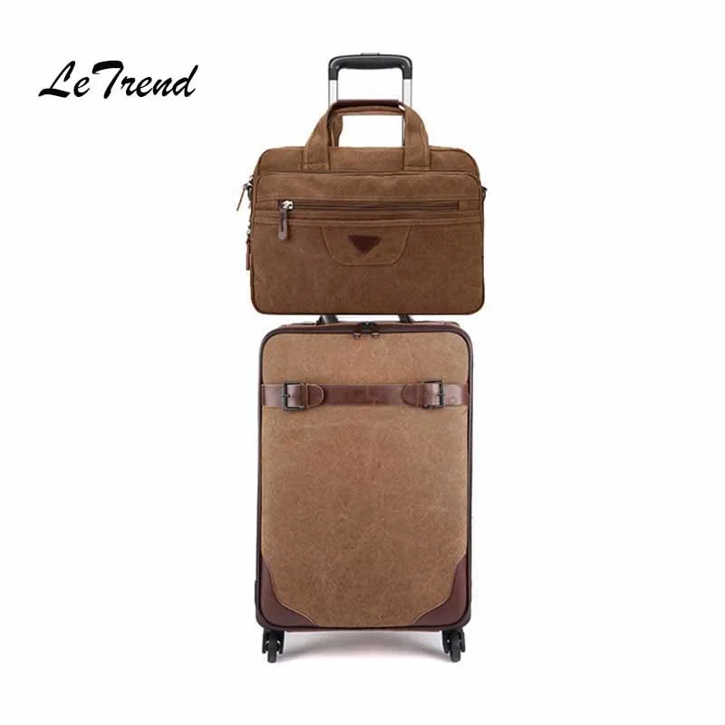 Letrend Rolling Luggage Set Spinner Black Men Vintage Trolley Suitcases Wheel Cabin Travel Bag