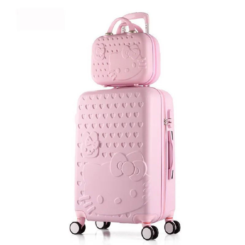 2 Pcs/Set Beautiful 14-Inch Hello Kitty Cosmetic Bag 20 24 28Inch Students Travel Luggage Trolley