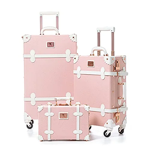 Unitravel Vintage Luggage Set PU Leather Women Cute Suitcase with Handbag (Embossed Pink, 26in 20in 12in)