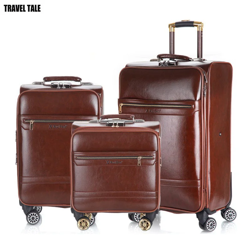 Travel Tale 16"20"24 Inch Leather Travel Suitcase With Wheels Trolley Retro Rolling Luggage Set