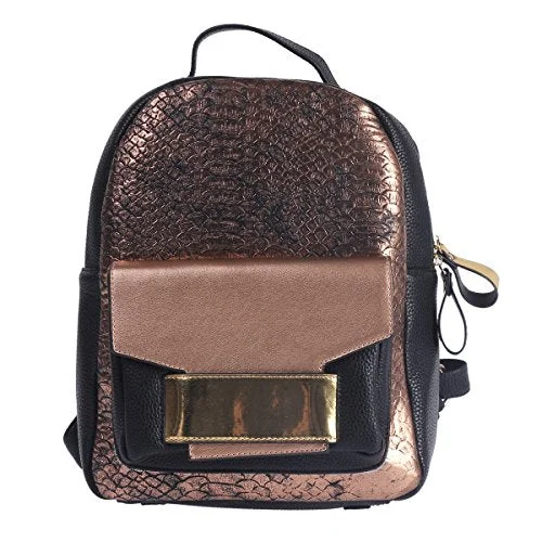 Damara Womens Shiny Snakeskin-Pattern Faux Leather Lines Large Backpack,Bronze